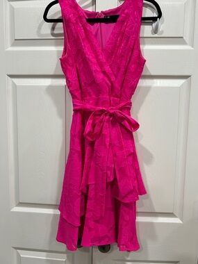 Leslie Fay Hot Pink Sleeveless Wrap-Style Mini Dress